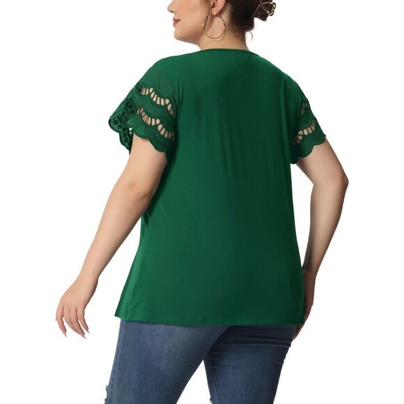 Women's Plus Size Tops Lace Panel Short Sleeve Top Dark Green - Picture 4 of 6